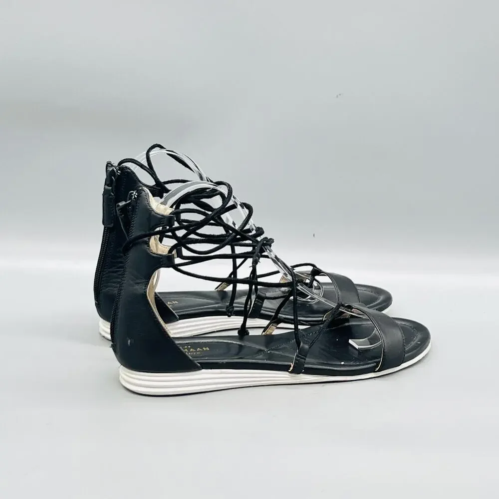 Cole Haan Sandals Womens 8 Black Leather Signature Gladiator Lace Up Zip Shoes